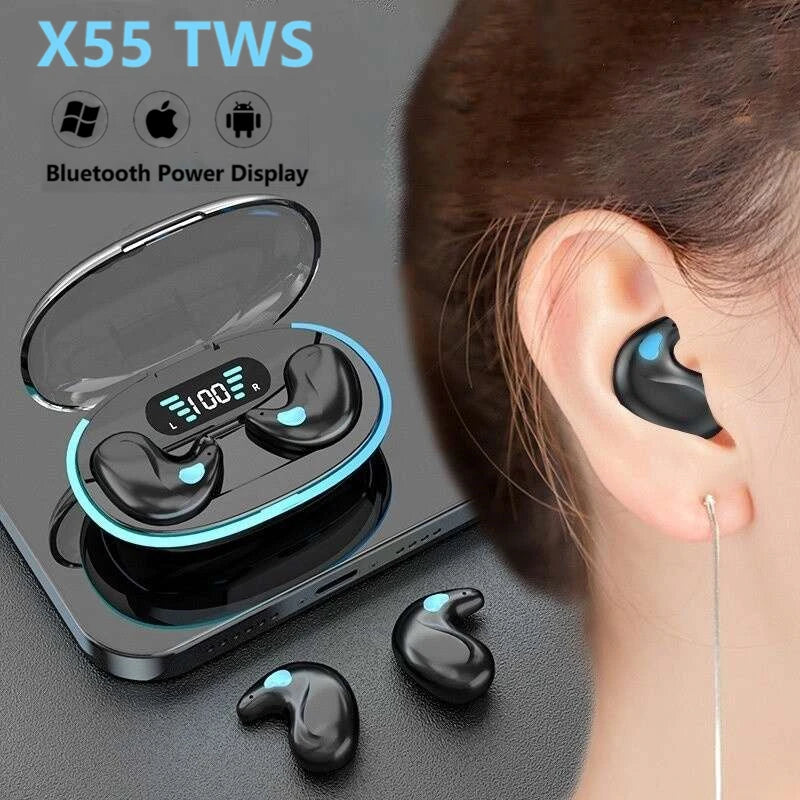 X55 Mini Fones de Ouvido Invisíveis Sem Fio, Fones De Ouvido De Dormir, TWS Bluetooth Fone De Ouvido, Fones De Ouvido Com Microfone, HD Chamada, Impermeável